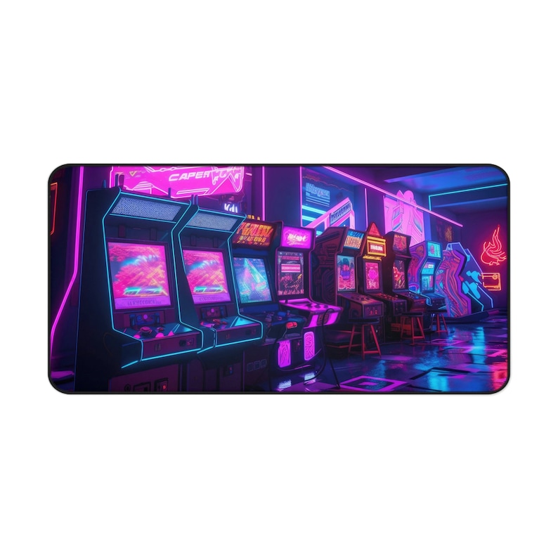 80s Arcade Gaming Neon Desk Mat, Long Desk Mats, Retrowave, Vaporwave Mousepad, Gaming Mousepad, Large Deskpad, Extended image 2