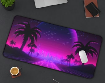 Neon City Palmtree Artwork Desk Mat, Neon, Long Desk Mats, Mousepad, Gaming Mousepad, Large Deskpad, Aesthetic