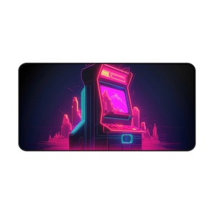 Retrowave Arcade 80's Artwork Desk Mat, Neon, Long Desk Mats, Mousepad, Gaming Mousepad, Large Deskpad, Extended image 2