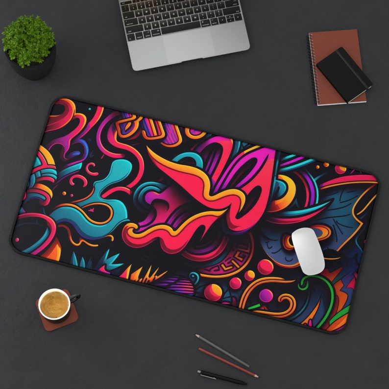 Neon Graffiti Artwork Desk Mat, Long Desk Mats, Mousepad, Gaming Mousepad, Large Deskpad, Extended image 1