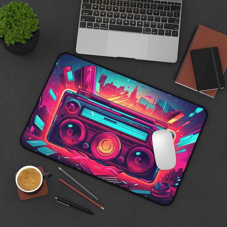 Retro Boombox Artwork Desk Mat, Neon, Long Desk Mats, Mousepad, Gaming Mousepad, Large Deskpad, Aesthetic image 6