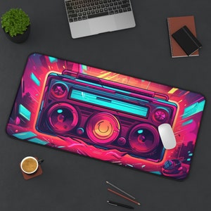 Retro Boombox Artwork Desk Mat, Neon, Long Desk Mats, Mousepad, Gaming Mousepad, Large Deskpad, Aesthetic image 1