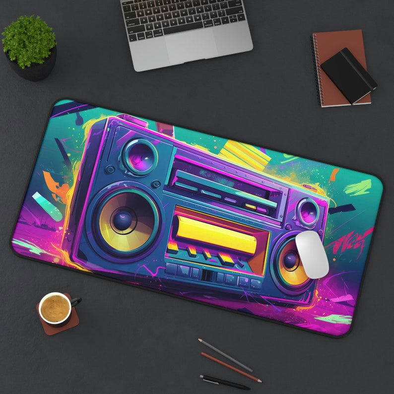 Retro Boombox Artwork Desk Mat, Neon, Long Desk Mats, Mousepad, Gaming Mousepad, Large Deskpad, Aesthetic image 1