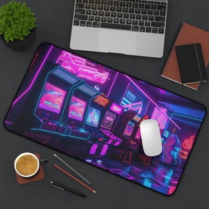 80s Arcade Gaming Neon Desk Mat, Long Desk Mats, Retrowave, Vaporwave Mousepad, Gaming Mousepad, Large Deskpad, Extended image 10