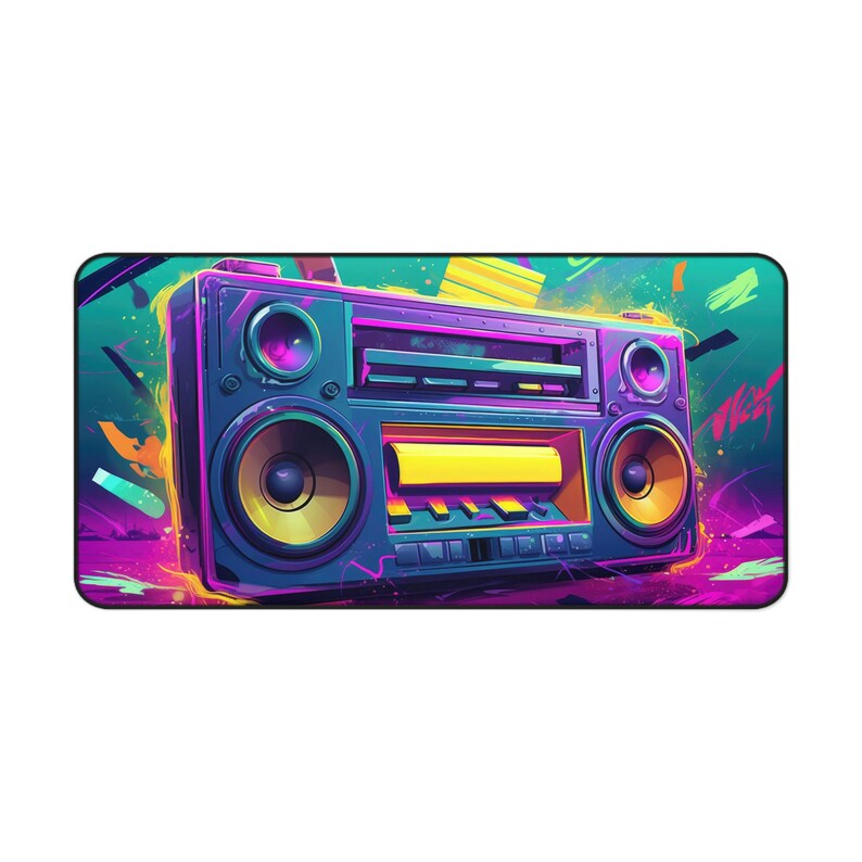 Retro Boombox Artwork Desk Mat, Neon, Long Desk Mats, Mousepad, Gaming Mousepad, Large Deskpad, Aesthetic image 2