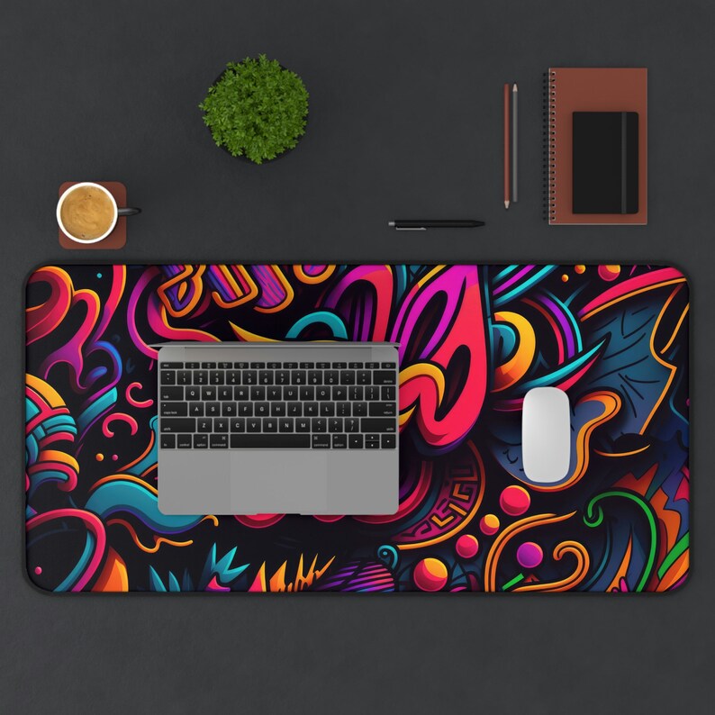 Neon Graffiti Artwork Desk Mat, Long Desk Mats, Mousepad, Gaming Mousepad, Large Deskpad, Extended image 4