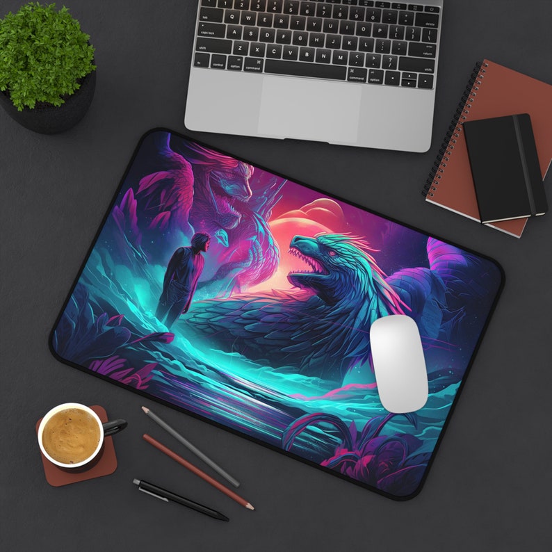 Dragon Retro 80s Neon Stars, Long Desk Mats, Mousepad, Gaming Mousepad, Large Deskpad, Extended image 6