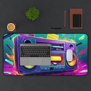 Retro Boombox Artwork Desk Mat, Neon, Long Desk Mats, Mousepad, Gaming Mousepad, Large Deskpad, Aesthetic image 4