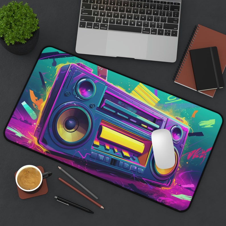 Retro Boombox Artwork Desk Mat, Neon, Long Desk Mats, Mousepad, Gaming Mousepad, Large Deskpad, Aesthetic image 10