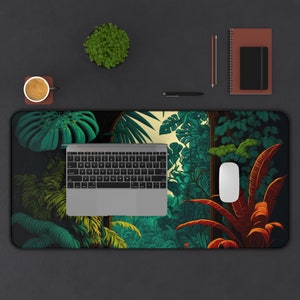Dark Green Monstera Leaves Desk Mat Gaming Mouse Pad Nature Plant Illustration Large Mousepad Office Desk Accessories Decor Gift image 4