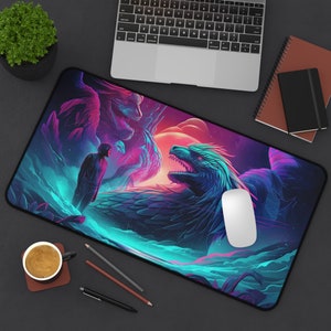 Dragon Retro 80s Neon Stars, Long Desk Mats, Mousepad, Gaming Mousepad, Large Deskpad, Extended image 10