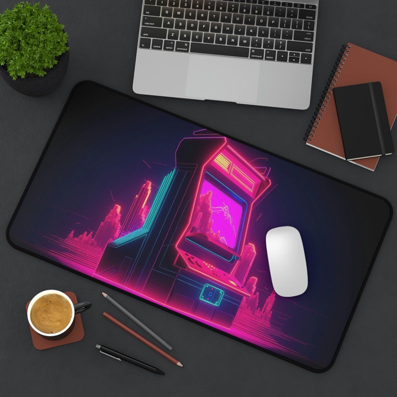 Retrowave Arcade 80's Artwork Desk Mat, Neon, Long Desk Mats, Mousepad, Gaming Mousepad, Large Deskpad, Extended image 10