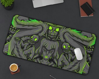 Geisha Skull Japanese Desk Mat, Long Desk Mats, Mousepad, Gaming Mousepad, Large Deskpad, Handdrawn, Extended Goth