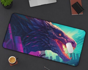 Desk Mat, Neon 80s Japanese Dragon Large Desk Pad, Extend Gaming Mouse Pad, Chinese Dragon Mousepad Mousemat, Deskpad Deskmat Mauspad