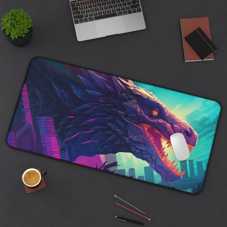 Desk Mat, Neon 80s Japanese Dragon Large Desk Pad, Extend Gaming Mouse Pad, Chinese Dragon Mousepad Mousemat, Deskpad Deskmat Mauspad image 1