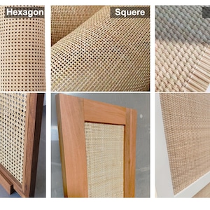 May include: Close-up of three different types of cane webbing: hexagon, square, and knit. The hexagon and square cane webbing are woven with a natural, light brown color. The knit cane webbing is woven with a natural, light brown color and has a more textured appearance. The text "Hexagon", "Square", and "Knit" is displayed above each type of cane webbing.