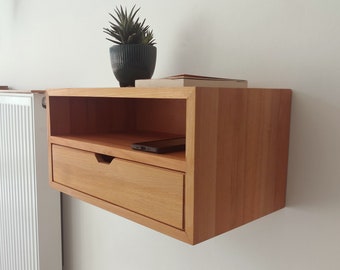 CUSTOM WIDTH Floating Console Table, Floating Nightstand with Drawer, Solid Wood Bedside Table with Shelf