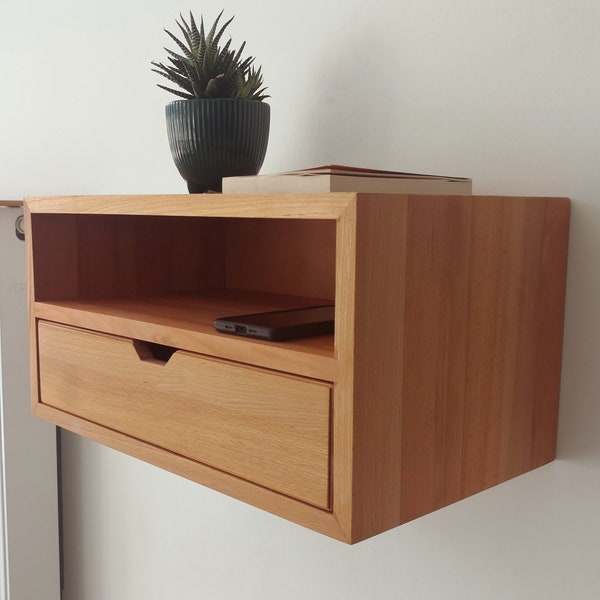 CUSTOM WIDTH Floating Console Table, Floating Nightstand with Drawer, Solid Wood Bedside Table with Shelf