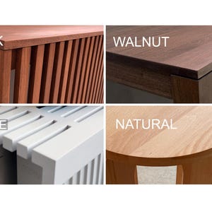 May include: A collage showcasing four different wood finishes: Teak, Walnut, White, and Natural. The Teak finish is a reddish-brown with vertical slats. The Walnut finish is a dark brown. The White finish is a bright white. The Natural finish is a light wood.