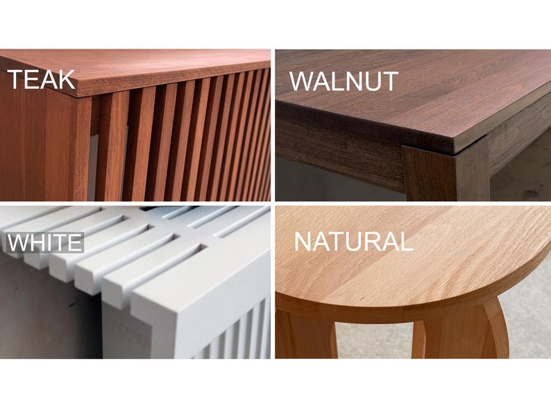 May include: A collage showcasing four different wood finishes: Teak, Walnut, White, and Natural. The Teak finish is a reddish-brown with vertical slats. The Walnut finish is a dark brown. The White finish is a bright white. The Natural finish is a light wood.
