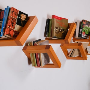 Unique decorative Book Shelf, set of 2, Solid Wood and Minimalist, Floating Bookcase, Wall Mounted Shelf, Library & Office Hanging Shelf