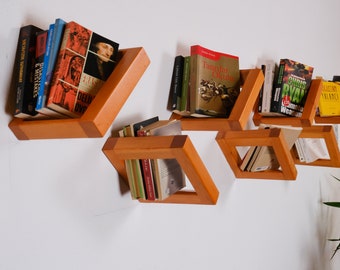 Unique decorative Book Shelf, set of 2, Solid Wood and Minimalist, Floating Bookcase, Wall Mounted Shelf, Library & Office Hanging Shelf