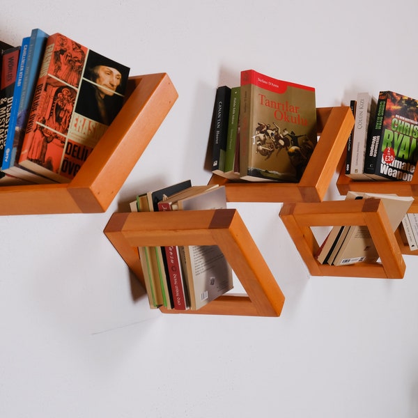 Ensemble de 2 étagères décoratives uniques, en bois massif et minimaliste, bibliothèque flottante, étagère murale, étagère suspendue pour bibliothèque et bureau
