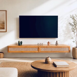 Custom size, Rattan Media Console, TV Unit, Solid Wood, Floating, Wall Mounted