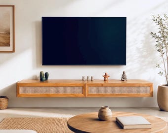 Custom size, Rattan Media Console, TV Unit, Solid Wood, Floating, Wall Mounted