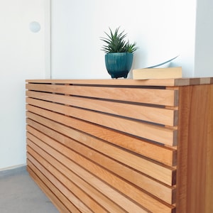 Custom Size Wooden Radiator Cover with Cat Bed - Slatted Design