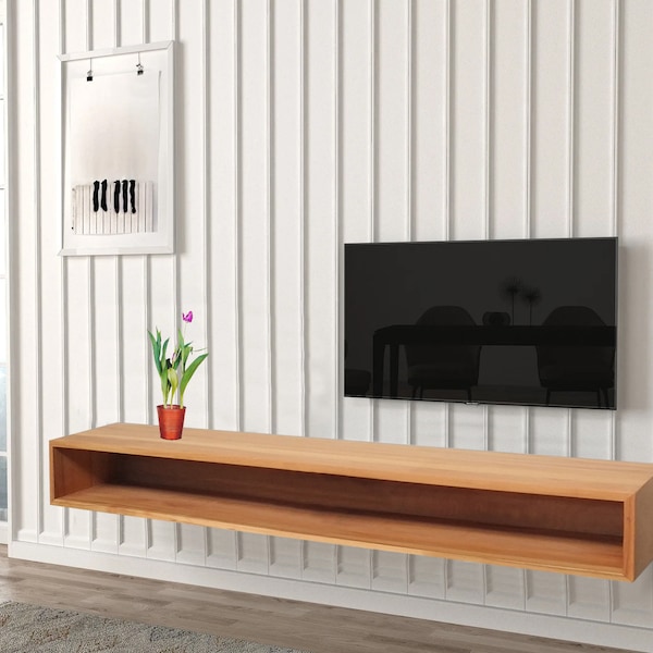 Supporto TV sospeso, mobile TV minimalista, console centrale di intrattenimento in legno massello, console da ingresso montata a parete
