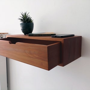 Custom Size Modern Floating Nightstand in Solid wood Walnut Finish - Wall-Mounted Bedside Table