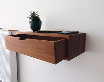 Custom Size Modern Floating Nightstand in Solid wood Walnut Finish - Wall-Mounted Bedside Table