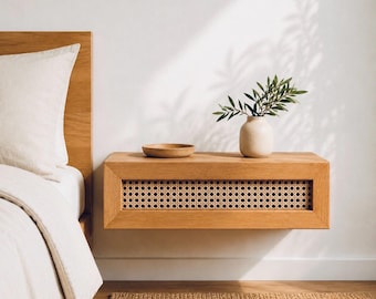 Custom Size Rattan Floating Nightstand, Cane Webbing, Solid Wood, Wall Mounted Bedside Table