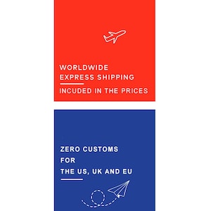 May include: A red and blue graphic with white text and icons. The red section reads "WORLDWIDE EXPRESS SHIPPING INCUDED IN THE PRICES" with a white airplane icon. The blue section reads "ZERO CUSTOMS FOR THE US, UK AND EU" with a paper airplane icon.