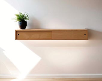 Floating Console in Beech Wood, Wall-Mounted Entryway Table with Sliding Doors