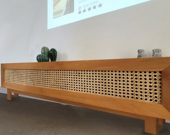 Custom size Media Console, Rattan TV Console, Cane Webbing, Solid Wood Modern Media Console with Storage, No customs duty for the USA and EU