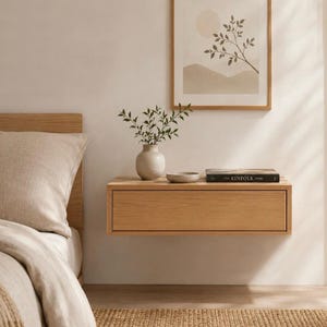 Mesita de noche de madera maciza a medida, mesita de noche flotante con mecanismo de apertura por presión.