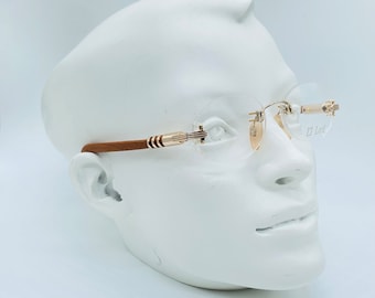 LT Lord 7021 80s Vintage Gold And Genuine Wood Temples  Oval Rimless  Eyeglasses Women & Men Frames New Old Stock Made İn İtaly
