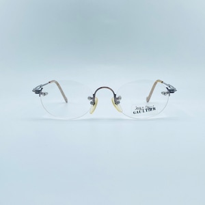 Jean Paul Gaultier 55-8108, Vintage 90s unique steampunk rimless oval eyeglasses frames mens & womens NOS