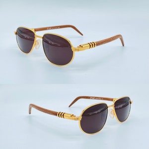 LT Lord 7013 / Anni '80 / Occhiali da sole vintage con aste in vero legno e oro / Montature da donna e da uomo / Nuovi di zecca / Prodotto in Italia