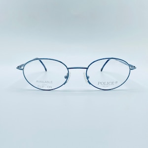 Vintage Police Oval Eyeglasses: 90s Blue Metal Frame, Made in Italy