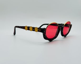 Vintage Gianni Versace Sunglasses: Black Rose Oval Frames, Tinted Lenses