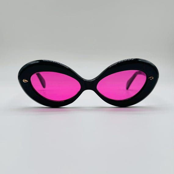 60s Vintage Black Cat Eye Sunglasses: Pink Tinted Lenses, NOS