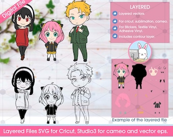 Spy Chibis Family Characters, Svg Cricut Files, cameo studio 3 files, (includes Png, Eps and Pdf files), layered for vinyl cut.