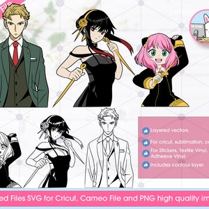 以下が含まれることがあります： アニメキャラクターのレイヤーベクターイラスト5点のデジタルダウンロード。キャラクターはスーツを着た男性、黒のドレスを着た女性、ピンクのドレスを着た女性、黒のドレスを着た女性、スーツを着た男性です。イラストは白黒で、Cricut、Cameo、その他のカッティングマシンで使用できます。