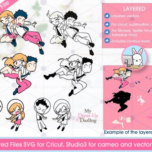 Dress Up Darling Chibis Characters, Svg Cricut Files, cameo studio 3 files, (includes Png, Eps and Pdf files), layered for vinyl cut.