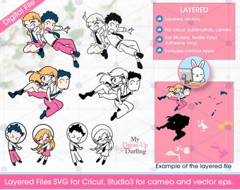 Dress Up Darling Chibis Characters, Svg Cricut Files, cameo studio 3 files, (includes Png, Eps and Pdf files), layered for vinyl cut.