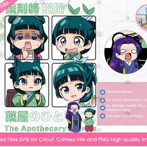 Puede incluir: Archivo digital con cuatro ilustraciones chibi de un personaje con cabello turquesa y diversas expresiones. El texto "The Apothecary" está presente. Incluye vectores en capas para Cricut, sublimación y pegatinas.