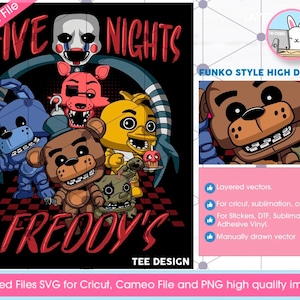 Puede incluir: Diseño digital con temática de Five Nights at Freddy's que presenta un grupo de personajes de dibujos animados en estilo Funko Pop. Los personajes son Freddy, Bonnie, Chica, Foxy y el Títere. El diseño está en capas y se puede usar para Cricut, sublimación, cameo, calcomanías, DTF y vinilo adhesivo.